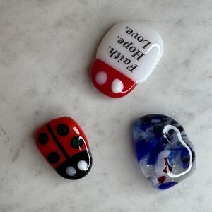 Handcrafted Fused Glass Refrigerator Magnets Ladybug Faith Hope Love Set of 3‎